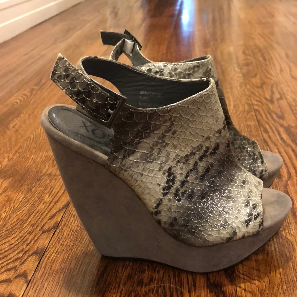 Grey snakeskin high heel wedges
